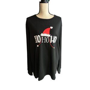 Christmas Santa Hat HO HO HO Black Red Tee Long Sleeve Size XL